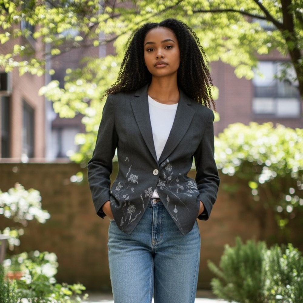 Max Nugus Haute Couture Charcoal Grey Silver Floral Design Blazer